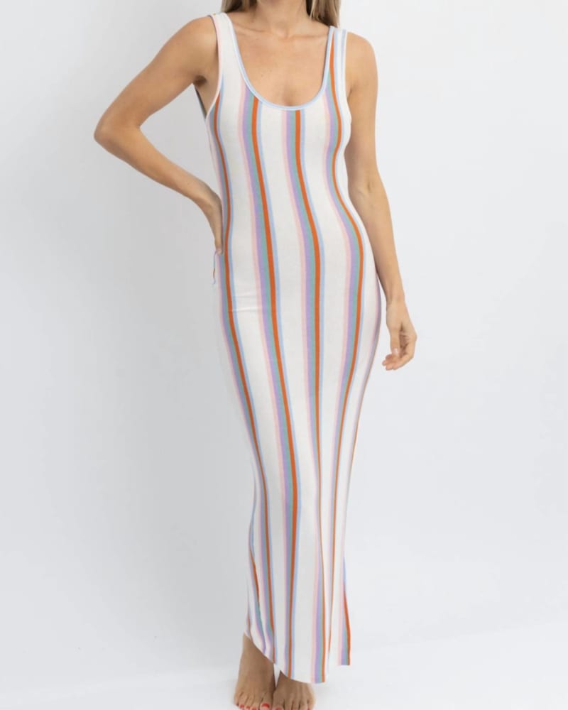 Front of a model wearing a size L Newport Multi-Striped Coverup Dress In White Multi in White Multi by Blue Blush. | dia_product_style_image_id:358364